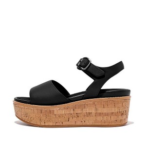 FitFlop Eloise Cork-Wrap Leather Wedge Women's Sandals Black | 615EXJQTU