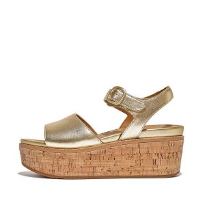 FitFlop Eloise Cork-Wrap Metallic Leather Back-Strap Wedge Women's Sandals Brown / Gold | 710PCIGOK