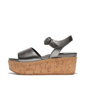 FitFlop Eloise Cork-Wrap Metallic Leather Back-Strap Wedge Women's Sandals Blue / Grey | 504WOKMAX