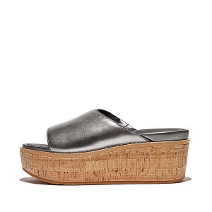 FitFlop Eloise Cork-Wrap Metallic Leather Wedge Women's Slides Blue / Grey | 752YRFHZK