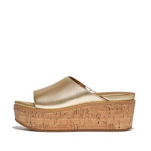 FitFlop Eloise Cork-Wrap Metallic Leather Wedge Women's Slides Brown / Gold | 138KZCQLX