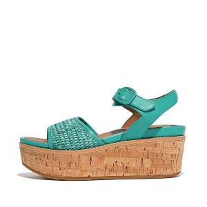 FitFlop Eloise Cork-Wrap Woven Back-Strap Wedge Women's Sandals Blue / White | 892AGITSP