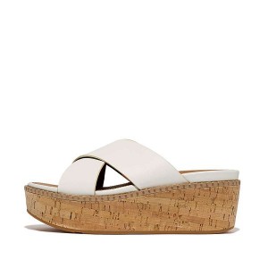 FitFlop Eloise Leather Cork Wedge Cross Women's Slides White | 908OLMUJW