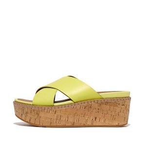 FitFlop Eloise Leather Cork Wedge Cross Women's Slides Light Green | 415RZKCMT