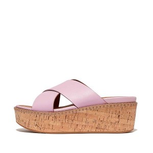 FitFlop Eloise Leather Cork Wedge Cross Women's Slides Purple | 805NTHCQU