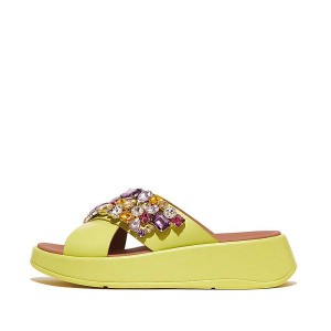 FitFlop F-Mode Jewel Deluxe Leather Flatform Cross Women's Slides Light Green | 043UIYABX