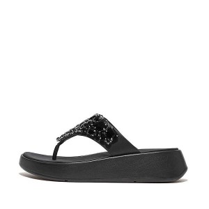 FitFlop F-Mode Jewel Deluxe Leather Flatform Toe-Post Women's Sandals Black | 362BLEIRU