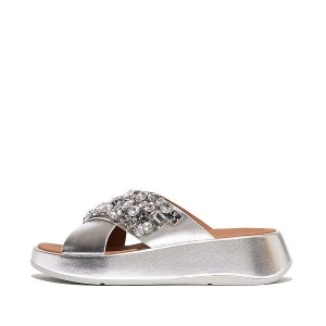 FitFlop F-Mode Jewel Deluxe Metallic Leather Flatform Cross Women's Slides Silver | 172NZVLID