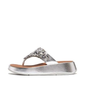 FitFlop F-Mode Jewel Deluxe Metallic Leather Flatform Toe-Post Women's Sandals Silver | 609QABNFU