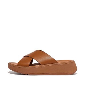 FitFlop F-Mode Leather Flatform Cross Women's Slides Light Brown | 039MAUVBH