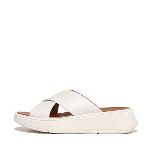 FitFlop F-Mode Leather Flatform Cross Women's Slides Cream | 908JIELOQ