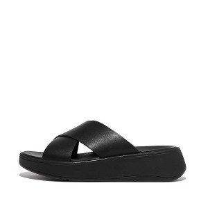 FitFlop F-Mode Leather Flatform Cross Women's Slides Black | 258JQMELN