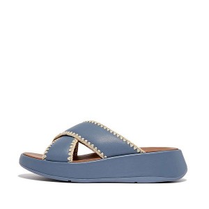 FitFlop F-Mode Leather Flatform Cross Women's Slides Blue | 045RJKXPA