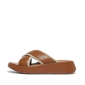 FitFlop F-Mode Leather Flatform Cross Women's Slides Light Brown | 147OLSXYA