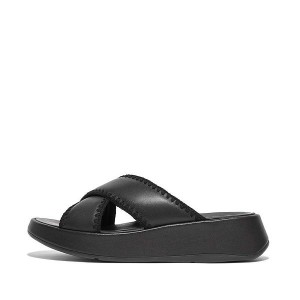 FitFlop F-Mode Leather Flatform Cross Women's Slides Black | 713DSBHVL