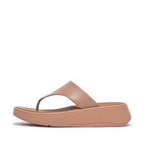 FitFlop F-Mode Leather Flatform Toe-Post Women's Sandals Beige | 012HSDAOL