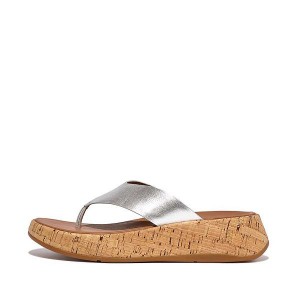 FitFlop F-Mode Metallic Leather Cork Flatform Toe-Post Women's Sandals Silver | 578BRPMXF