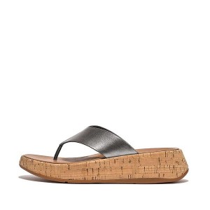 FitFlop F-Mode Metallic Leather Cork Flatform Toe-Post Women's Sandals Blue / Grey | 504YHTAMI