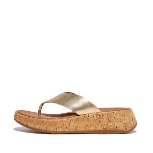 FitFlop F-Mode Metallic Leather Cork Flatform Toe-Post Women's Sandals Brown / Gold | 270EDRLSH