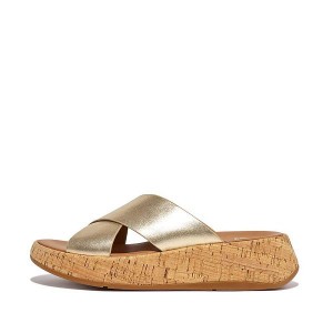 FitFlop F-Mode Metallic Leather Cork Flatform Cross Women's Slides Brown / Gold | 864TPVBQU