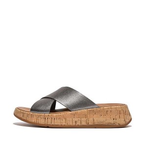 FitFlop F-Mode Metallic Leather Cork Flatform Cross Women's Slides Blue / Grey | 841WBNHGI