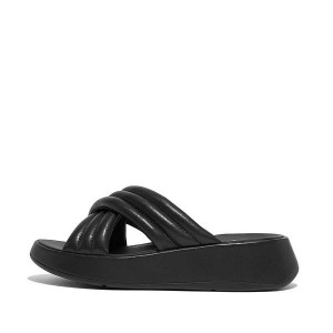 FitFlop F-Mode Padded Leather Flatform Cross Women's Slides Black | 860ZUNSGY