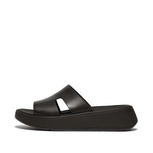 FitFlop F-Mode Raw Edge Leather Flatform H Bar Women's Slides Black | 598ZBNPLU