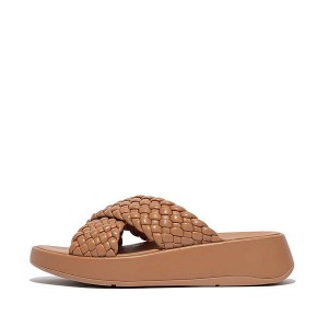 FitFlop F-Mode Woven Leather Flatform Cross Women's Slides Brown | 723LWODRJ