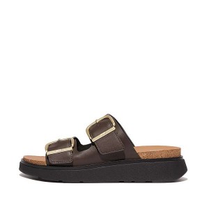 FitFlop Gen-Ff Buckle Two Bar Leather Women's Slides Brown | 250EUVFPH