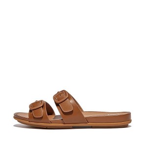 FitFlop Gracie Buckle Two Bar Leather Women's Slides Brown | 609OQCLIN