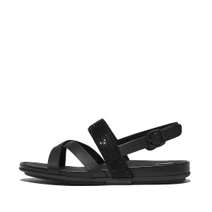 FitFlop Gracie Crystal Leather Strappy Back-Strap Women's Sandals Black | 183FJQOXU