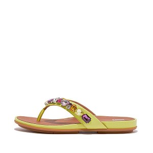 FitFlop Gracie Jewel Deluxe Leather Women's Flip Flops Light Green | 364CUTFOS