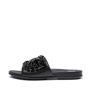 FitFlop Gracie Jewel Deluxe Leather Women's Slides Black | 835MYVBFI