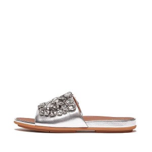 FitFlop Gracie Jewel Deluxe Metallic Leather Women's Slides Silver | 831EPJOSB