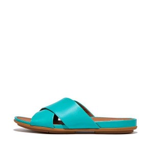 FitFlop Gracie Leather Cross Women's Slides Blue | 274DSKTEU