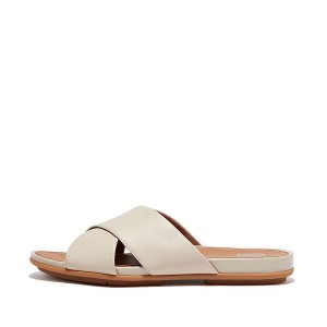 FitFlop Gracie Leather Cross Women's Slides Grey / Beige | 539KPAFXC