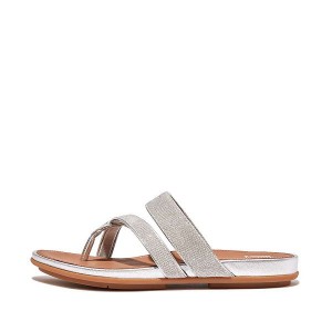 FitFlop Gracie Shimmerlux Strappy Toe-Post Women's Sandals Silver | 486XBFNTE