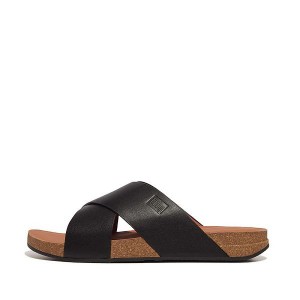 FitFlop Iqushion Leather Cross Men's Slides Black | 091ZRTYVF