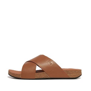 FitFlop Iqushion Leather Cross Men's Slides Light Brown | 714UVXKMT