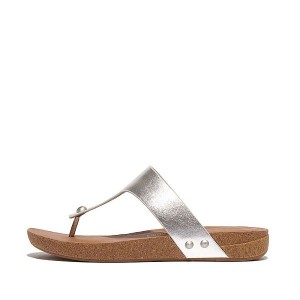 FitFlop Iqushion Metallic Leather Toe-Post Women's Sandals Silver | 648FXGBVN