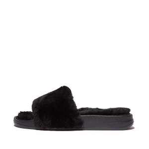 FitFlop Iqushion Shearling Women's Slides Black | 294WLFRQB