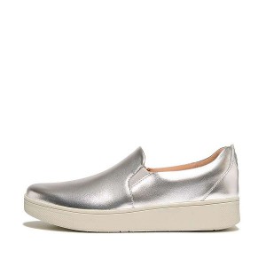 FitFlop Rally Metallic Leather Slip On Skate Women's Sneakers Silver | 241OHEKDM