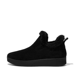 FitFlop Rally Shearling Lined Suede Slip On Women's Sneakers Black | 832LRPNCB