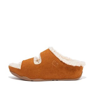 FitFlop Shuv Two Bar Shearling Suede Women's Slides Light Brown | 781OKQXSG