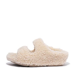 FitFlop Shuv Two Bar Shearling Women's Slides White | 746VYNFHJ