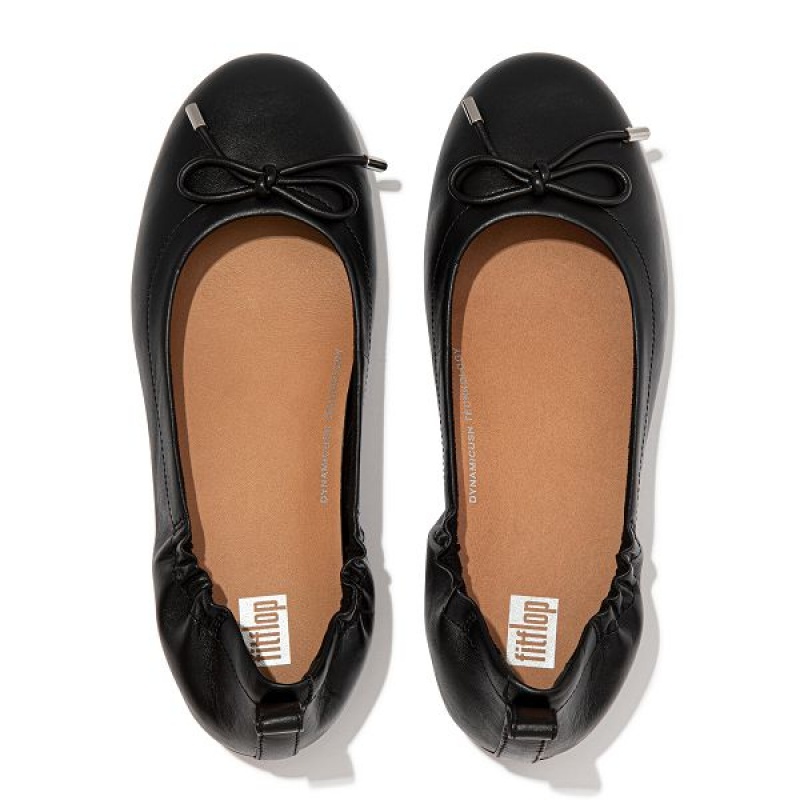 FitFlop Allegro Bow Leather Women's Ballet Flats Black | 049VSKXHJ