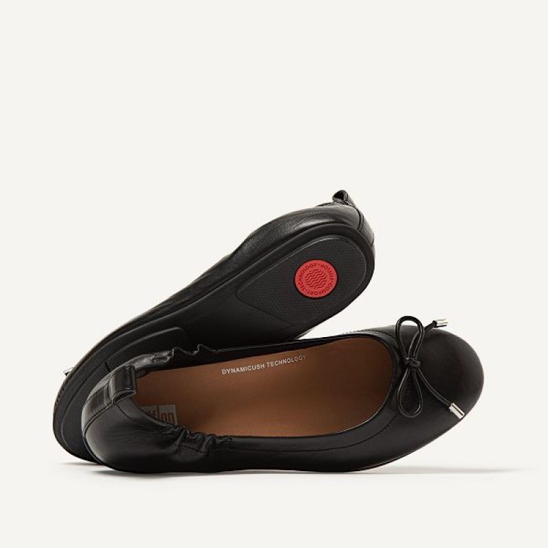 FitFlop Allegro Bow Leather Women's Ballet Flats Black | 049VSKXHJ