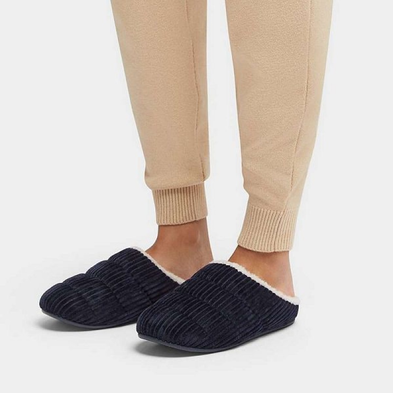 FitFlop Chrissie Biofleece Lined Corduroy Women's Slippers Navy | 501PSZOEG