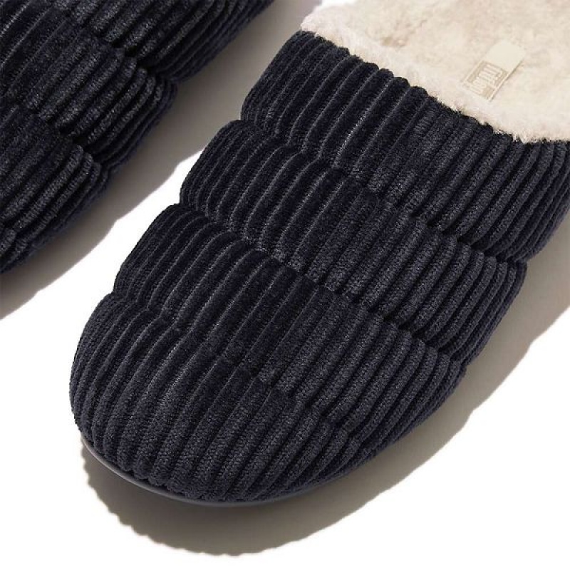 FitFlop Chrissie Biofleece Lined Corduroy Women's Slippers Navy | 501PSZOEG