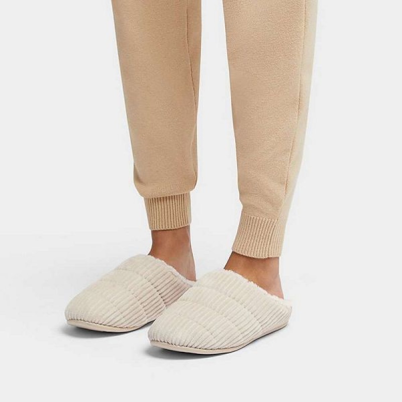 FitFlop Chrissie Biofleece Lined Corduroy Women's Slippers White | 470RLNPGK